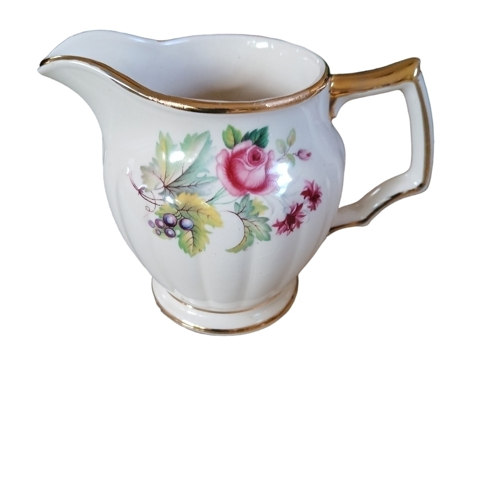 Vintage Sadler Creamer Flowers in Basket Ribbed, Gold Trim Grapes and Roses